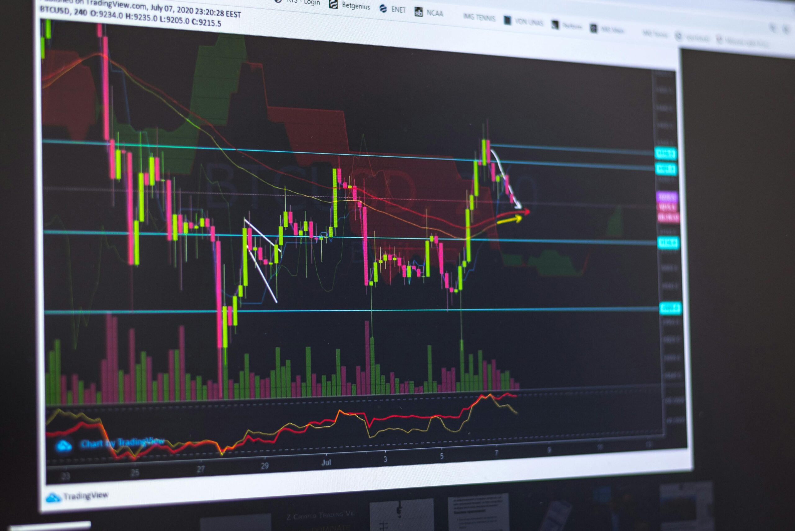 Close-up of a computer screen displaying cryptocurrency market trends and trading data.