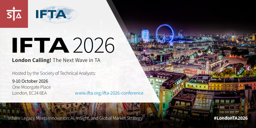 Official poster for the IFTA Conference 2026 in London featuring a modern financial markets theme, London skyline elements, conference branding, event dates, and professional networking information for traders, analysts, and finance professionals.